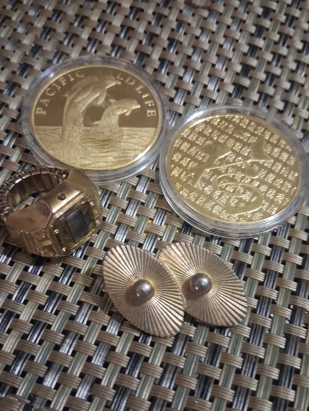 Clip-on Earings&70's finger Watch - Classic Sunburst Design&Golden Round Pair